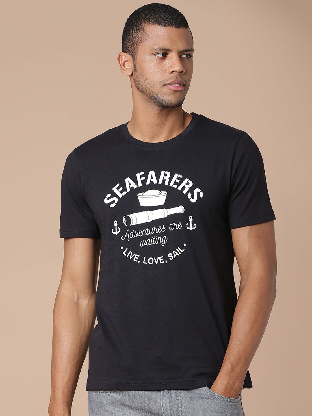 

Quwa Typography Printed Round Neck Cotton T-shirt, Black