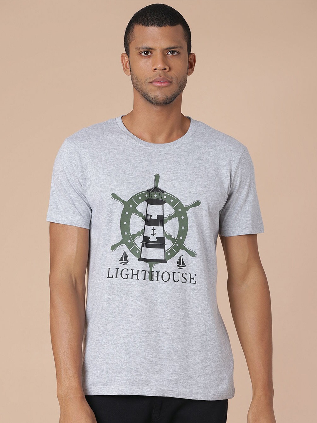 

Quwa Typography Printed Casual Cotton T-shirt, Grey melange
