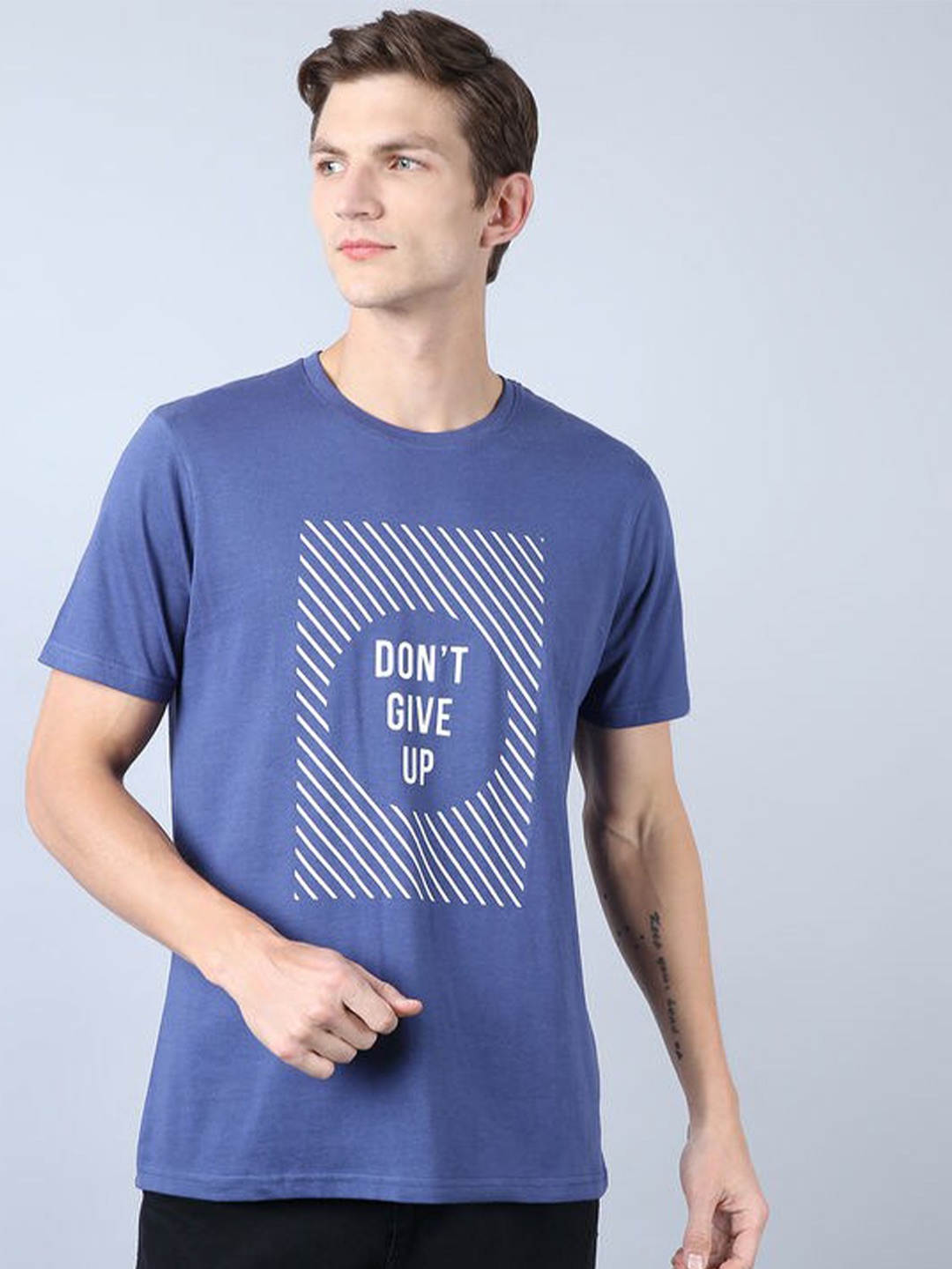 

Quwa Typography Printed Round Neck Cotton T-shirt, Blue