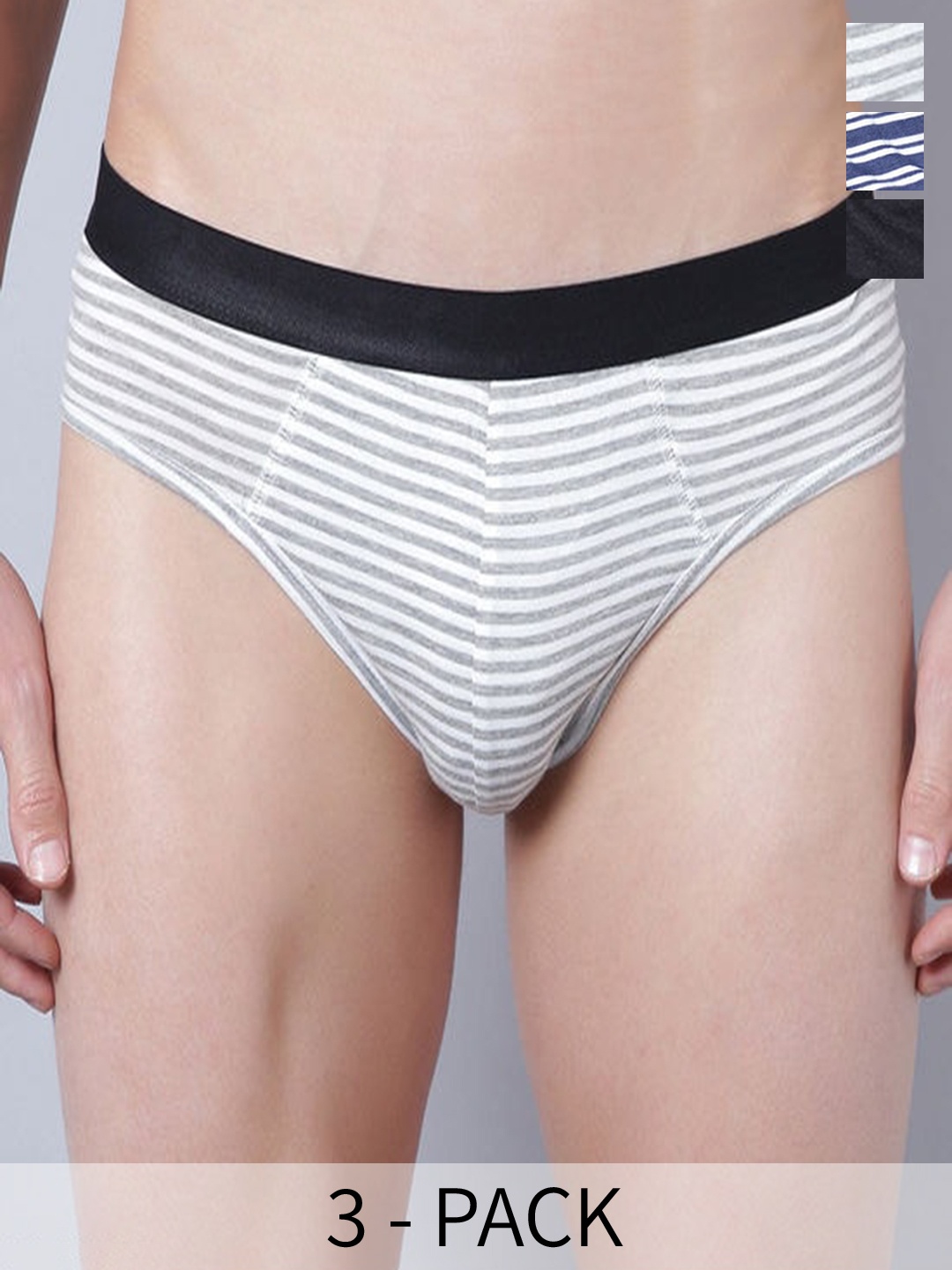 

Quwa Pack Of 3 Striped Cotton Basic Briefs 142015703804421, Grey melange