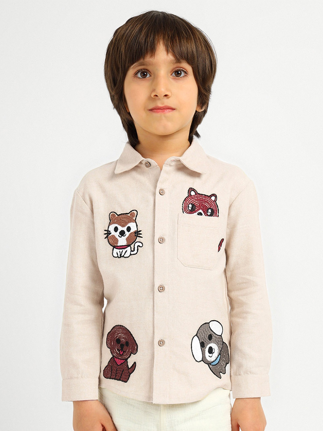 

Somersault Boys Straight Graphic Embroidered Pure Cotton Shacket, Beige