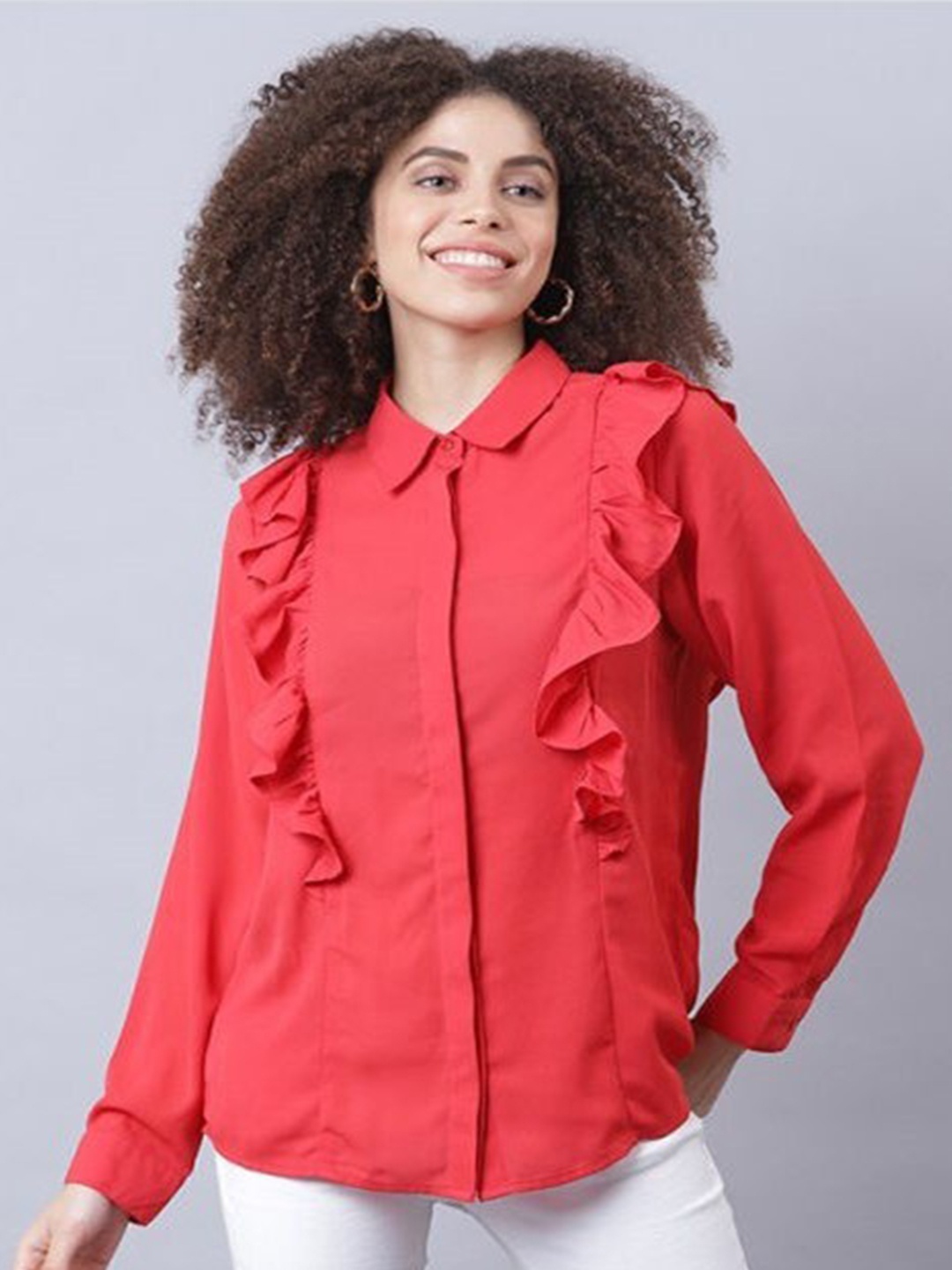 

Aila Ruffled Shirt Style Cotton Top, Red