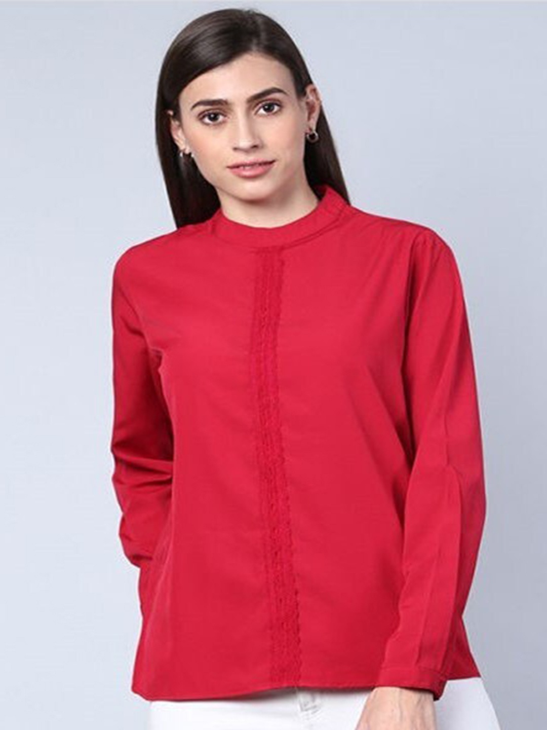 

Aila Mandarin Collar Cuffed Sleeves Top, Red