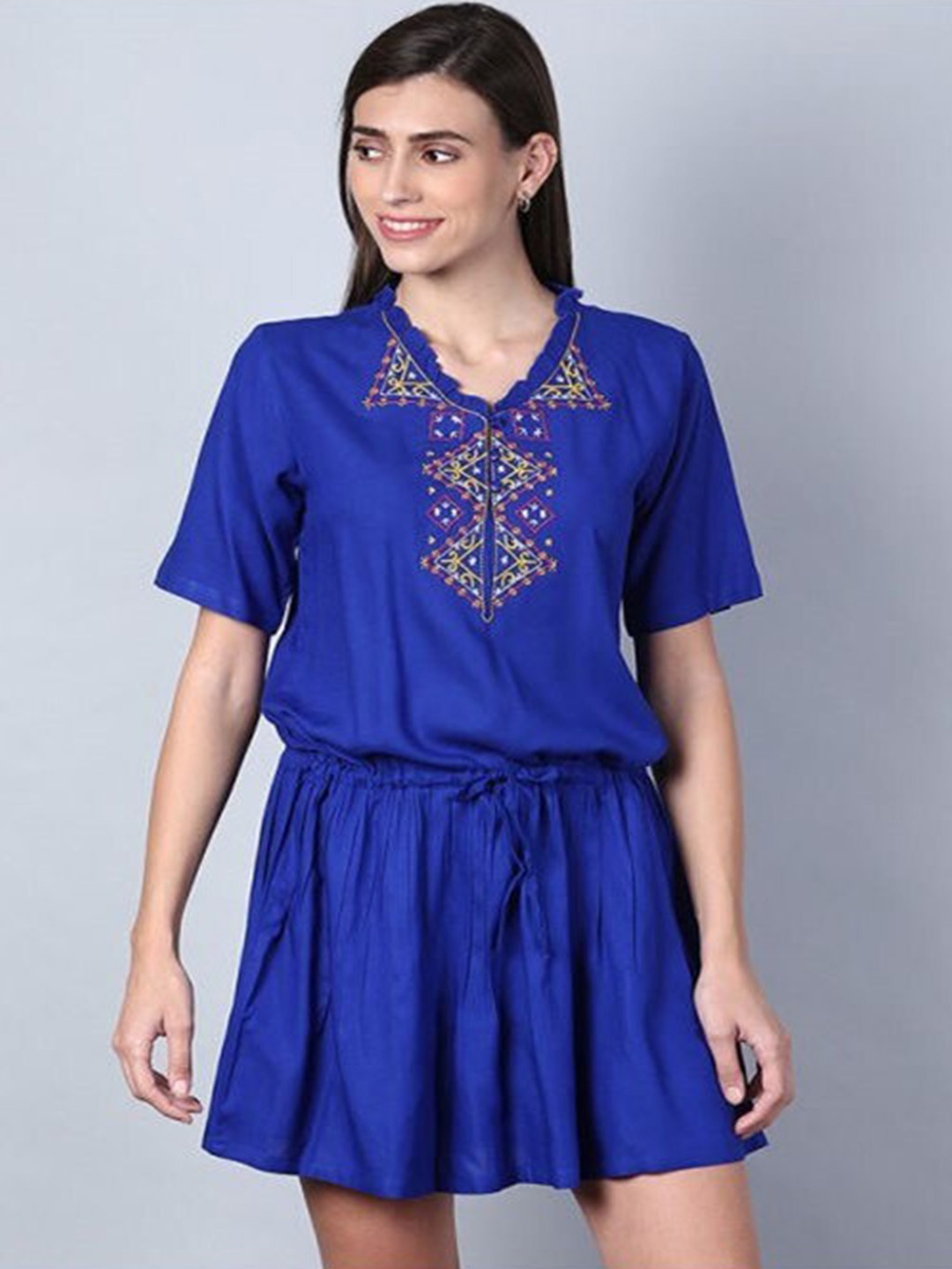 

Aila Embroidered Detailed Fit and Flare Dress, Blue