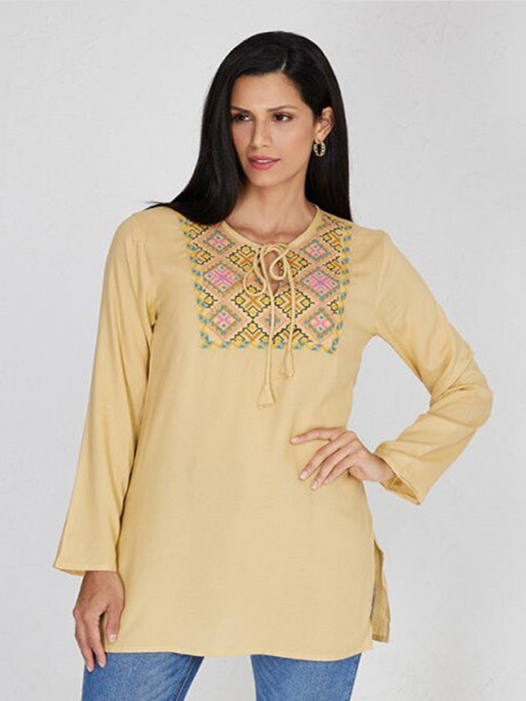 

Aila Ethnic Motifs Embroidered Cotton Tunic, Beige