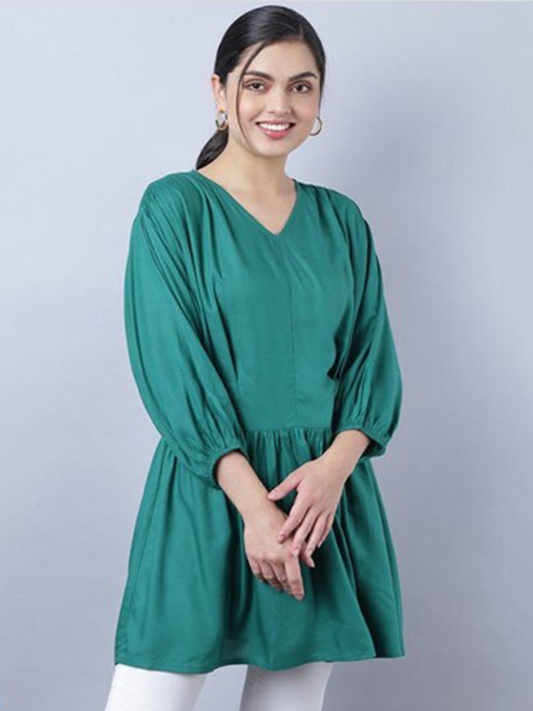 

Aila V-Neck Puff Sleeves Gathered Cotton Tunic, Green