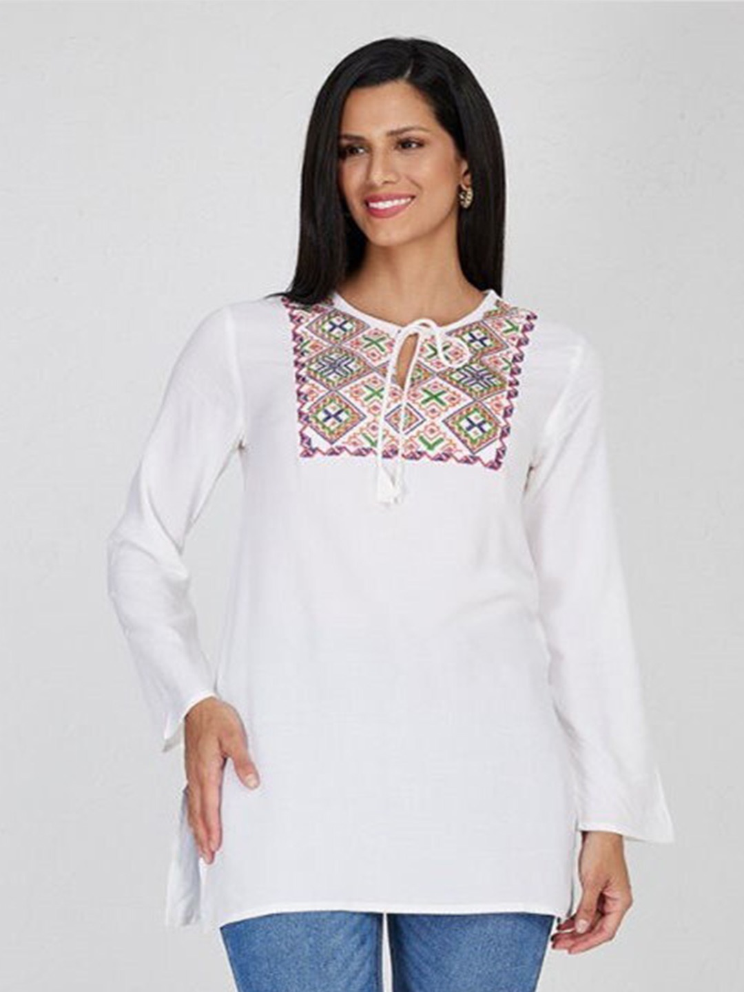 

Aila Ethnic Motifs Embroidered Cotton Tunic, White