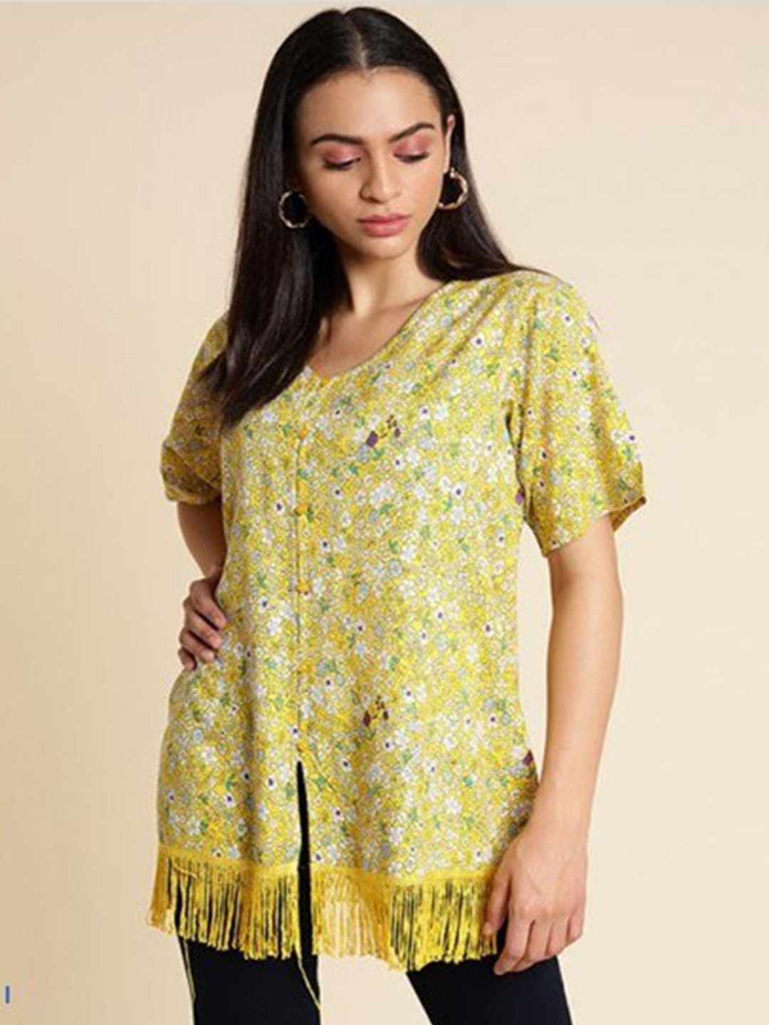 

Aila Floral Printed V-Neck Fringed Tunic, Yellow