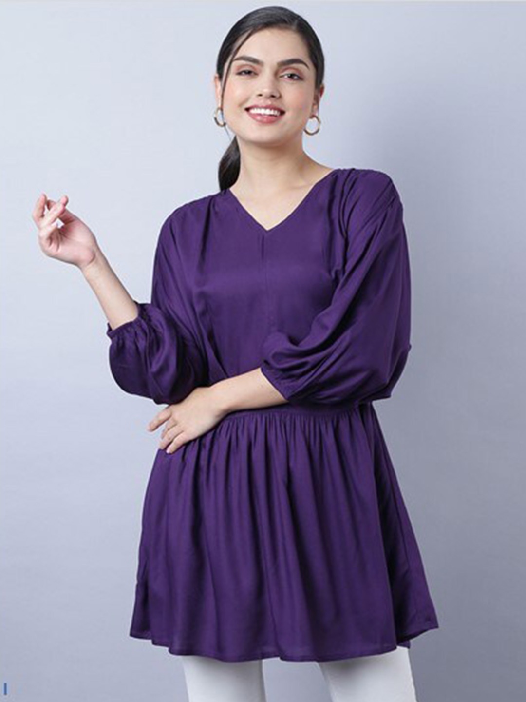 

Aila V-Neck Puff Sleeves Tunic, Purple