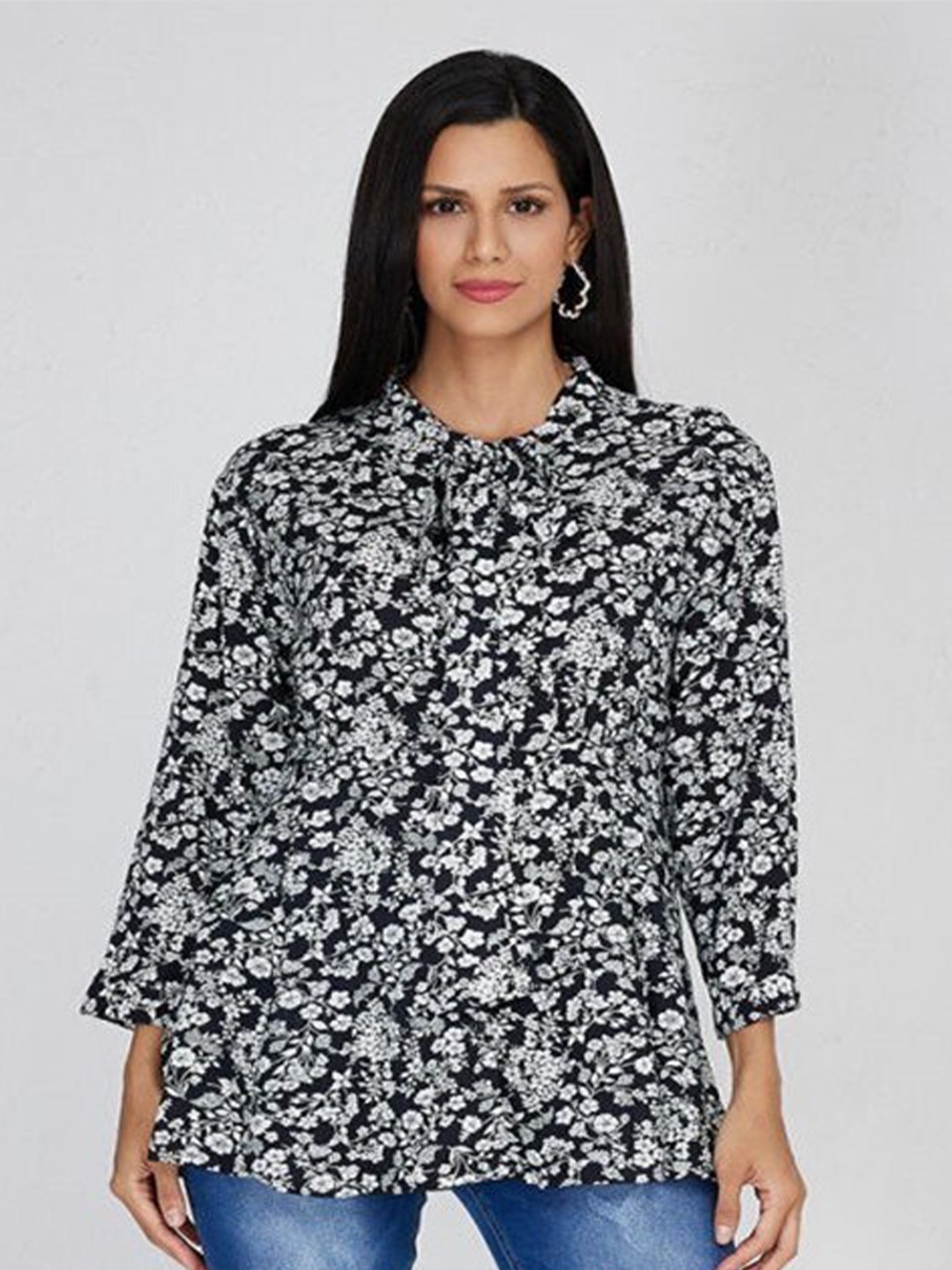 

Aila Floral Printed Tie Up Neck Tunic, Black