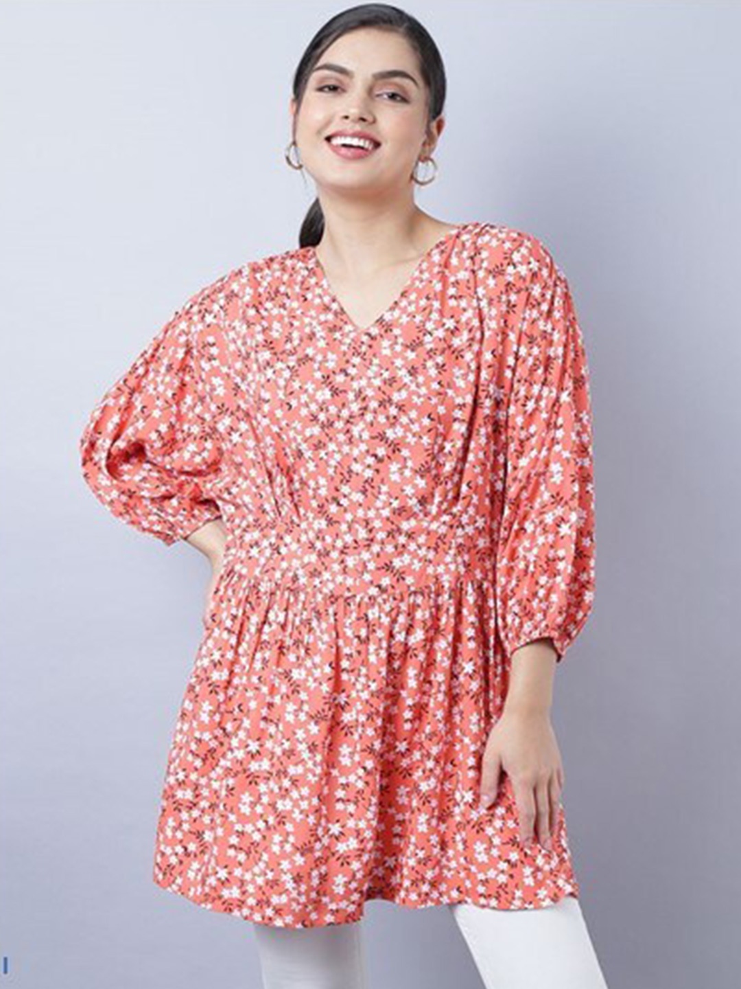 

Aila Floral Printed V-Neck Puff Sleeves Tunic, Red