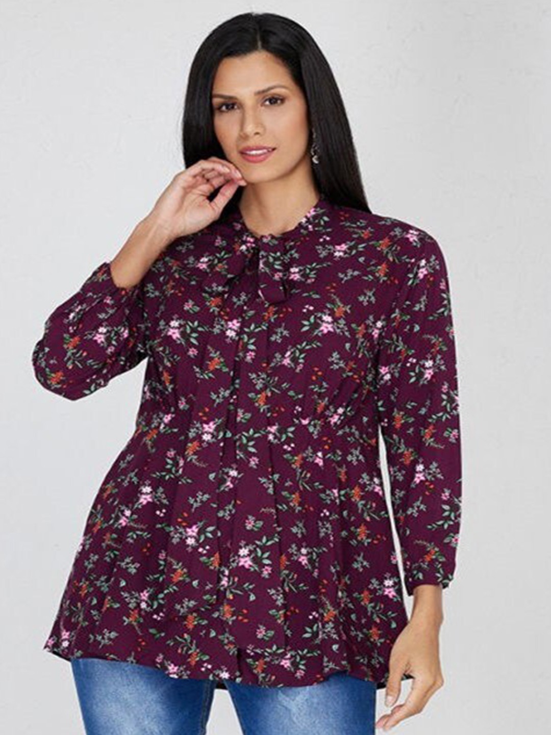 

Aila Floral Printed Tie Up Neck Cotton Tunic, Purple