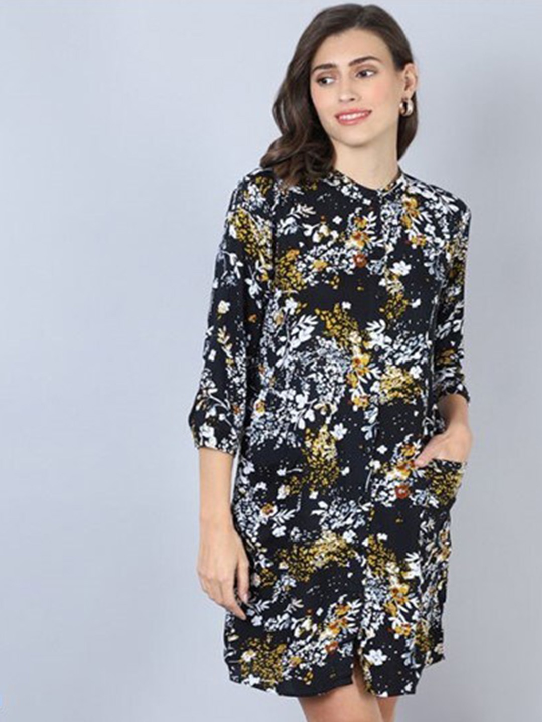 

Aila Floral Printed Puff Sleeves Mandarin Collar Cotton A-Line Mini Dress, Navy blue