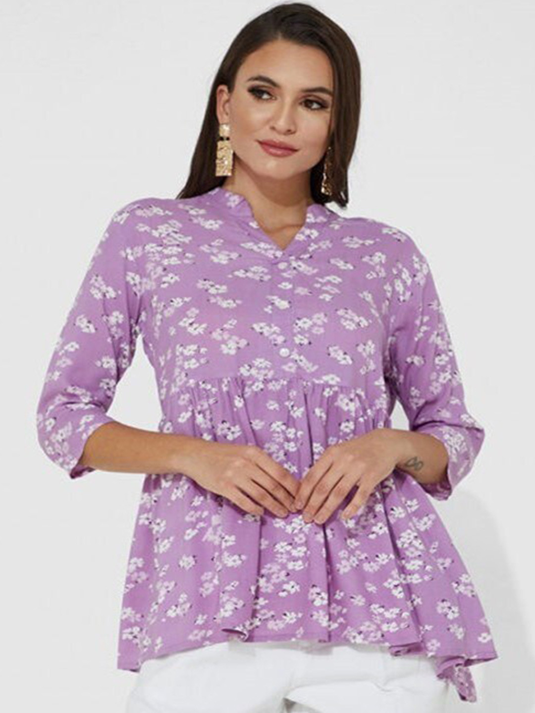 

Aila Floral Printed Mandarin Collar Cotton Tunic, Purple