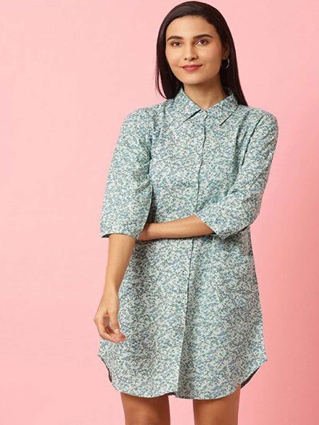 

Aila Floral Printed Curved Cotton Shirt Dress, Green