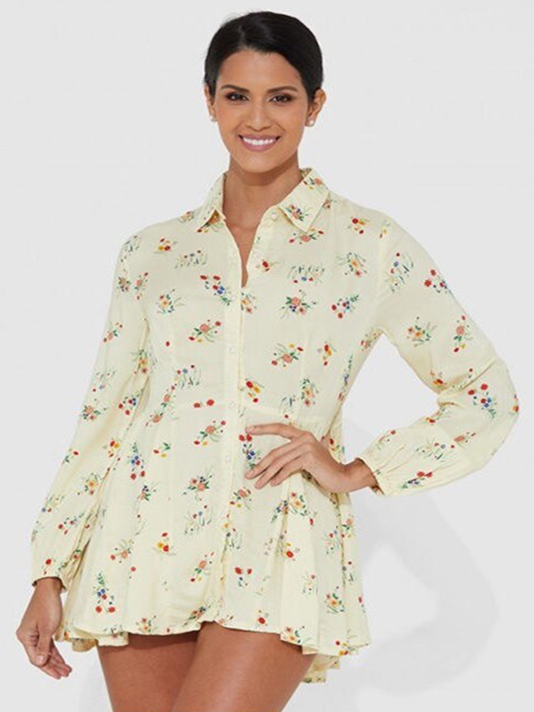 

Aila Floral Printed Puff Sleeves Cotton Flounce Shirt Mini Dress, Off white