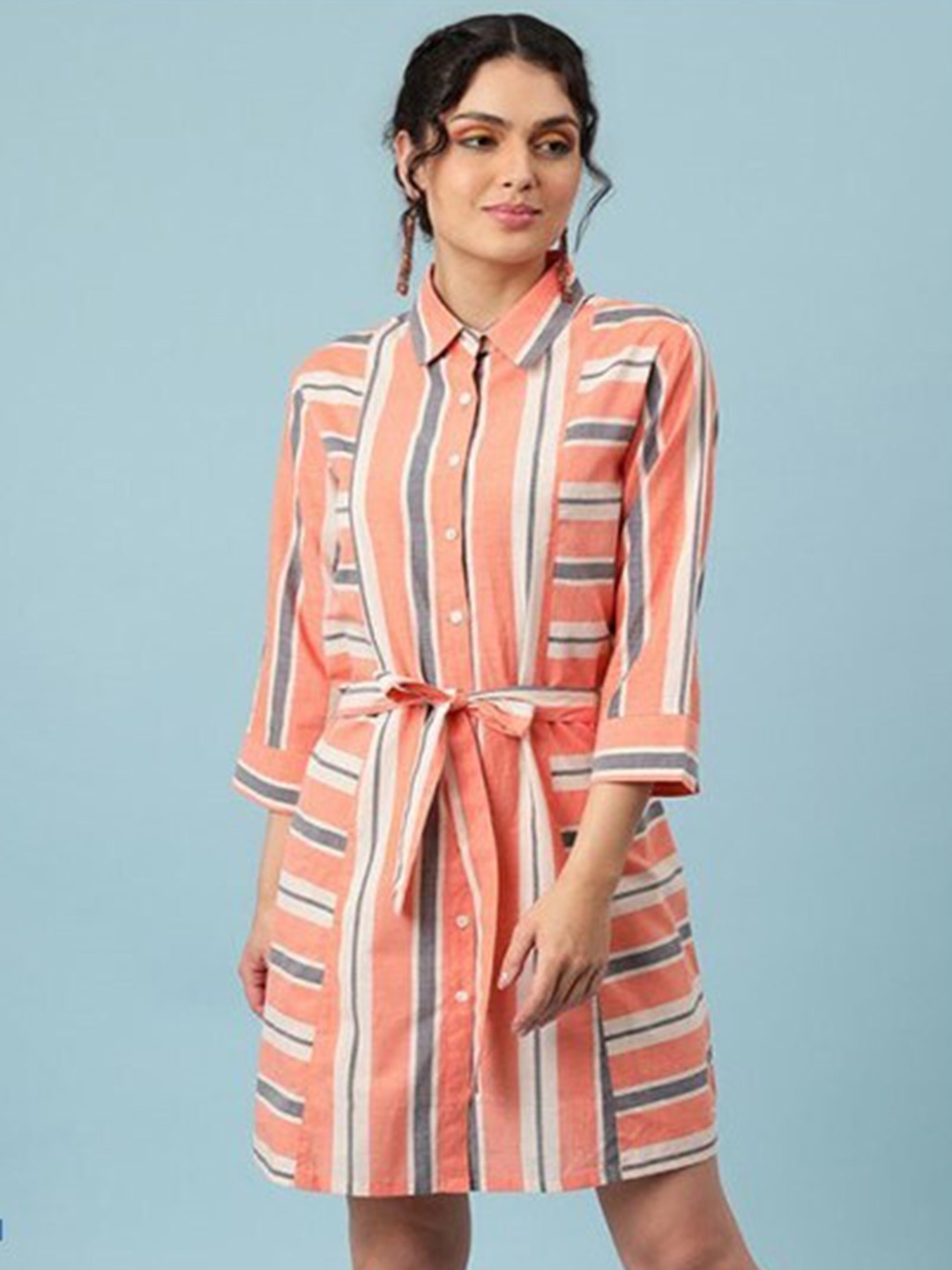 

Aila Striped Belted Cotton Shirt Dress, Peach