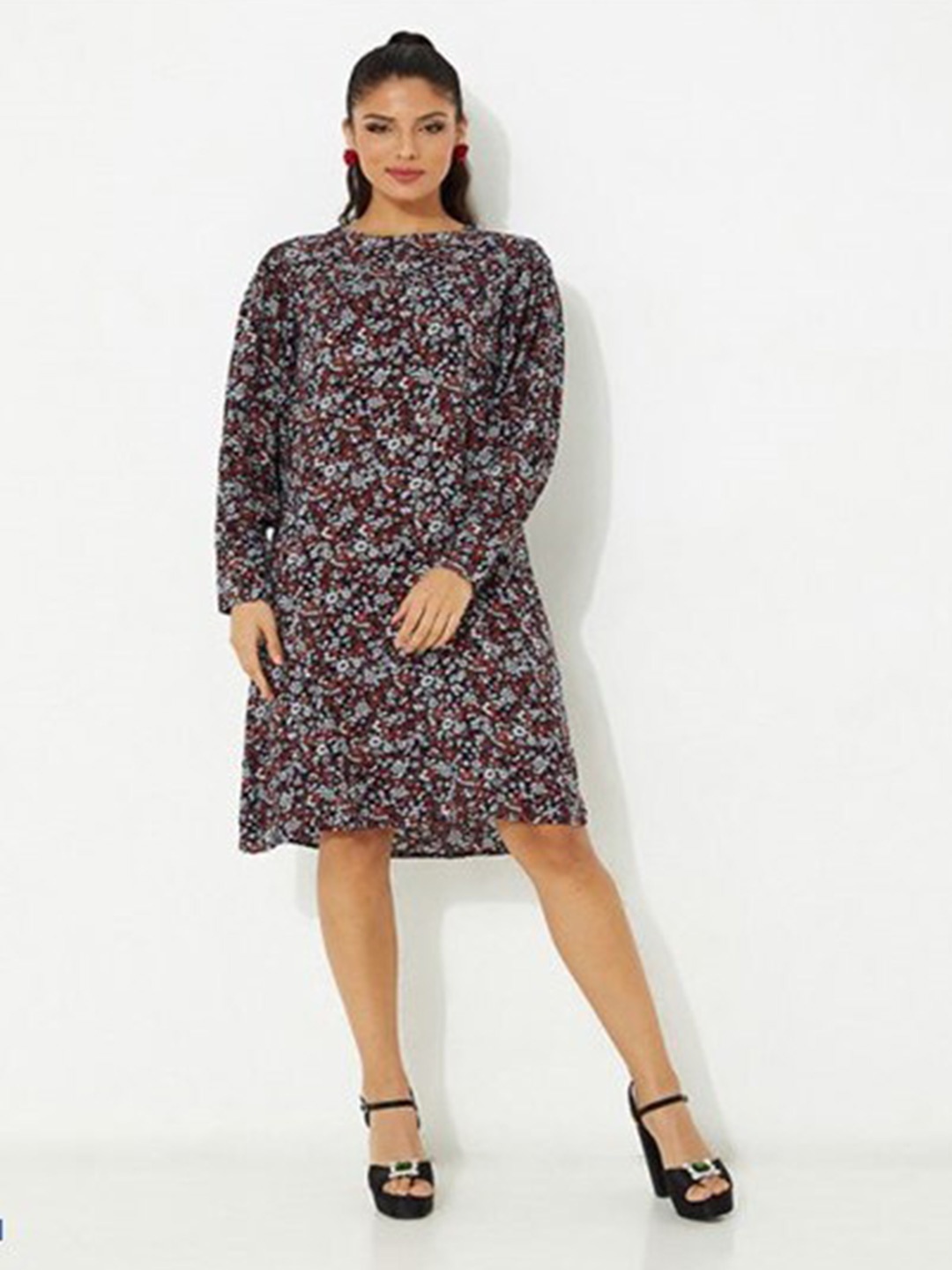 

Aila Floral Printed Boat Neck Puff Sleeves Cotton A-Line Dress, Navy blue