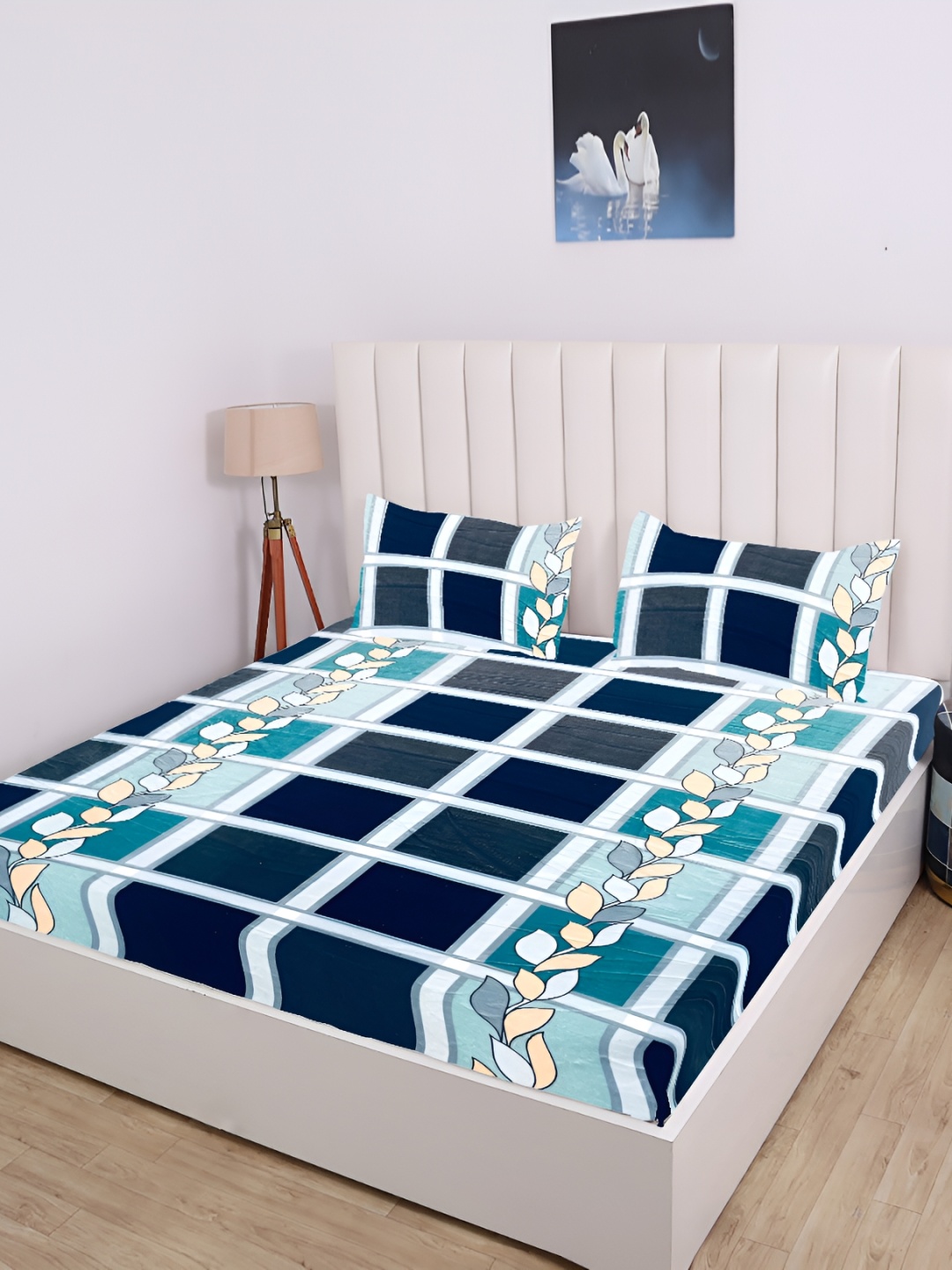 

RD TREND Green & Blue Abstract 210 TC Fitted King Bedsheet with 2 Pillow Covers