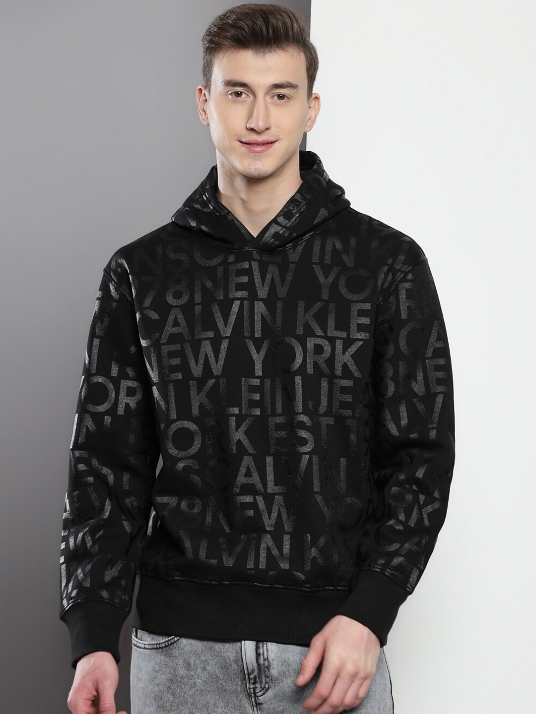 

Calvin Klein Jeans Typography Printed Hooded Cotton Pullover, Black