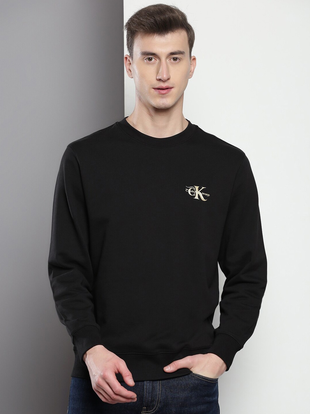 

Calvin Klein Jeans Long Sleeve Cotton Pullover, Black