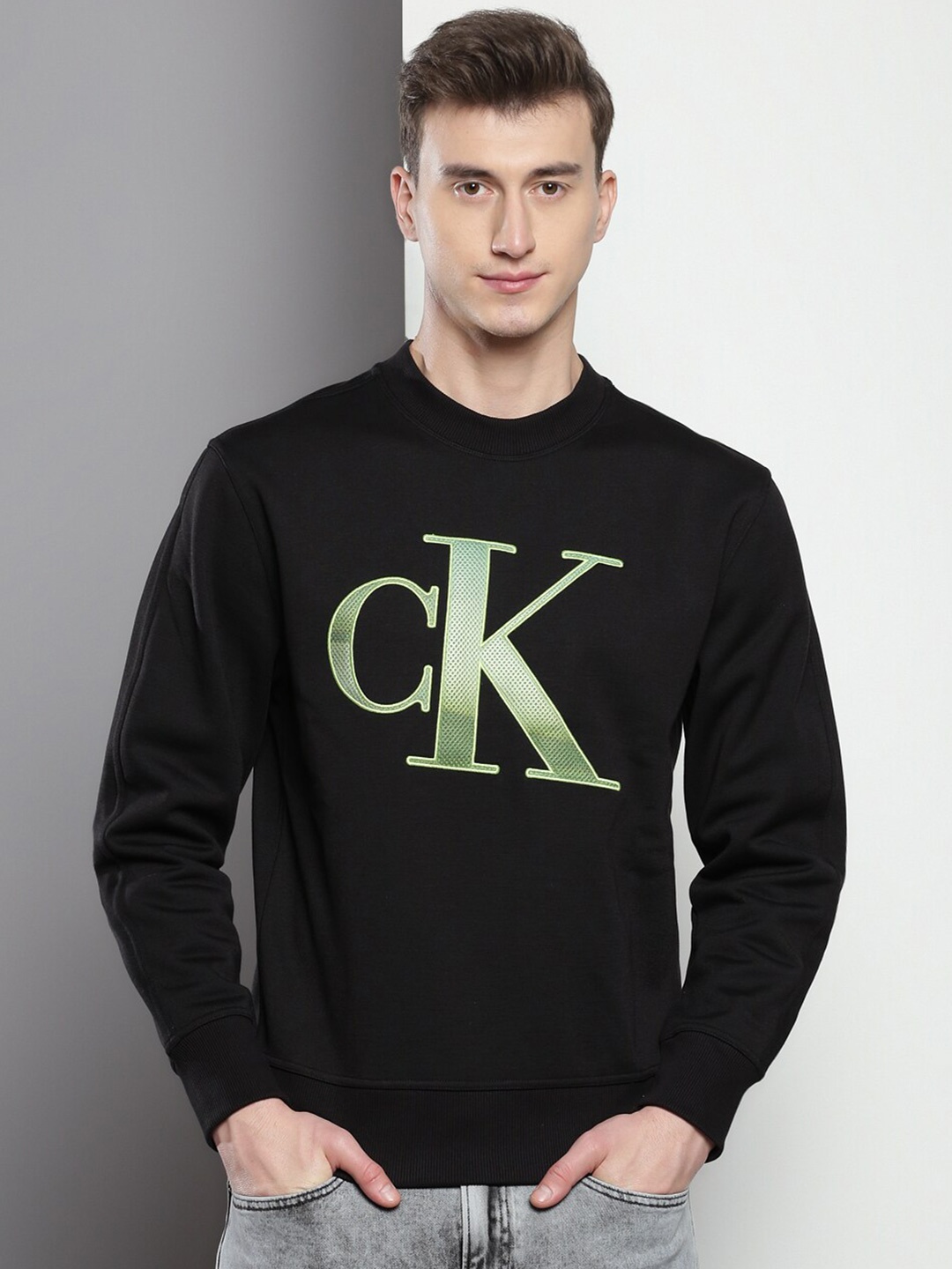 

Calvin Klein Jeans Embroidered Long Sleeves Cotton Pullover, Black