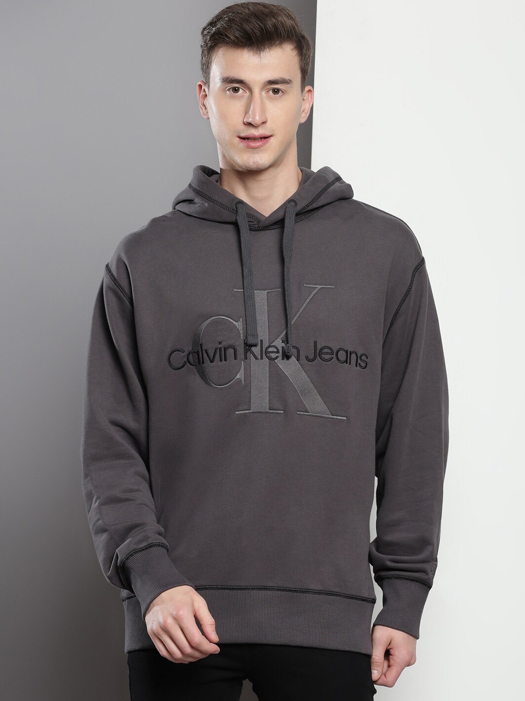 

Calvin Klein Jeans Embroidered Hooded Cotton Pullover, Charcoal