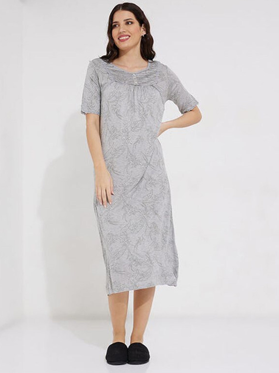 

Aila Floral Printed Midi Everyday Nightdress, Grey