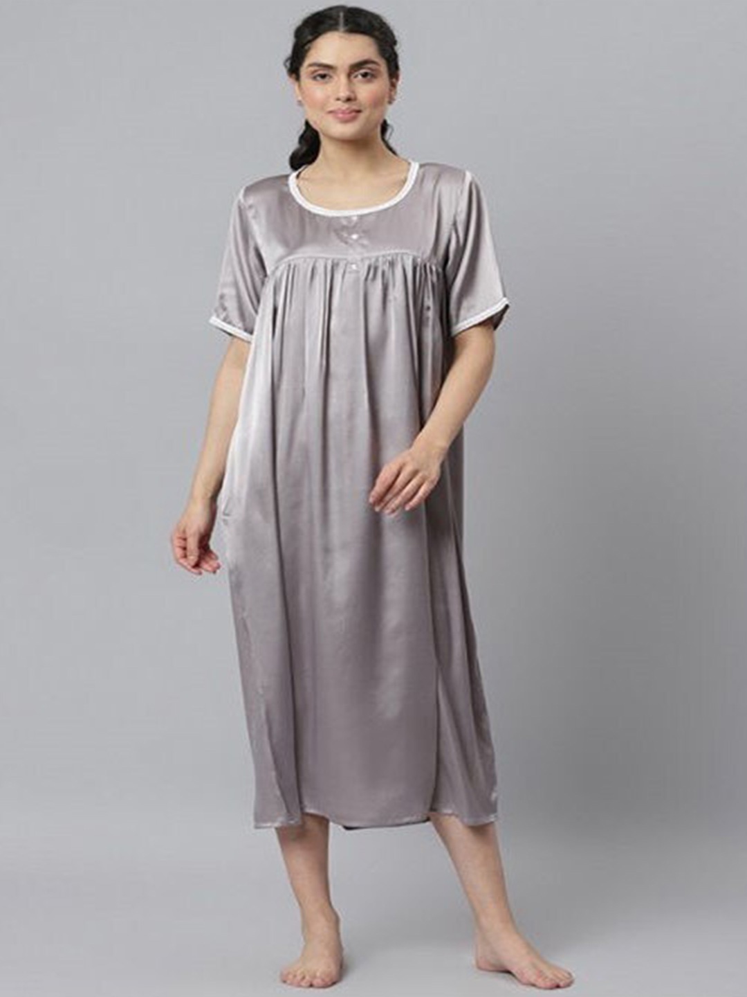 

Aila Round Neck Short Sleeves Lace Midi Nightdress, Grey