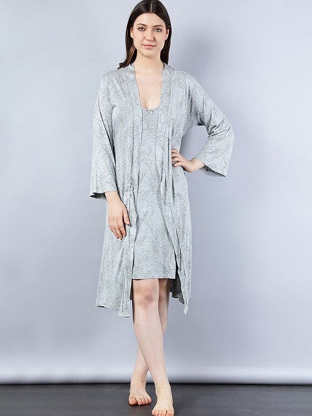 

Aila Floral Printed Nightdress, Grey