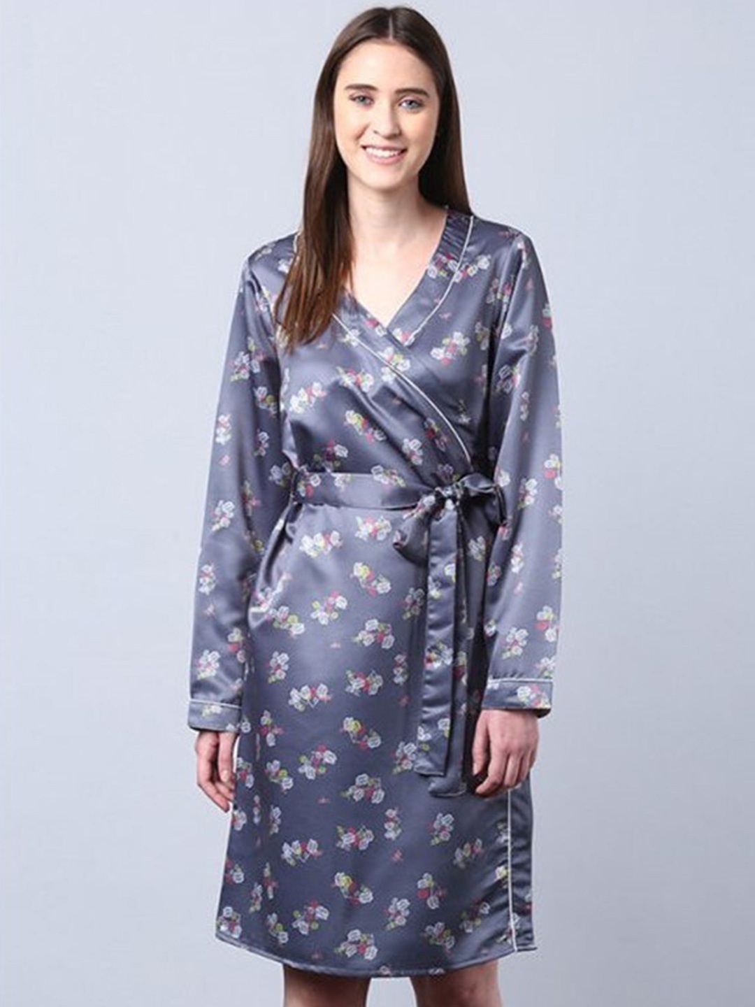 

Aila Floral Printed V-Neck Wrap Nightdress, Grey
