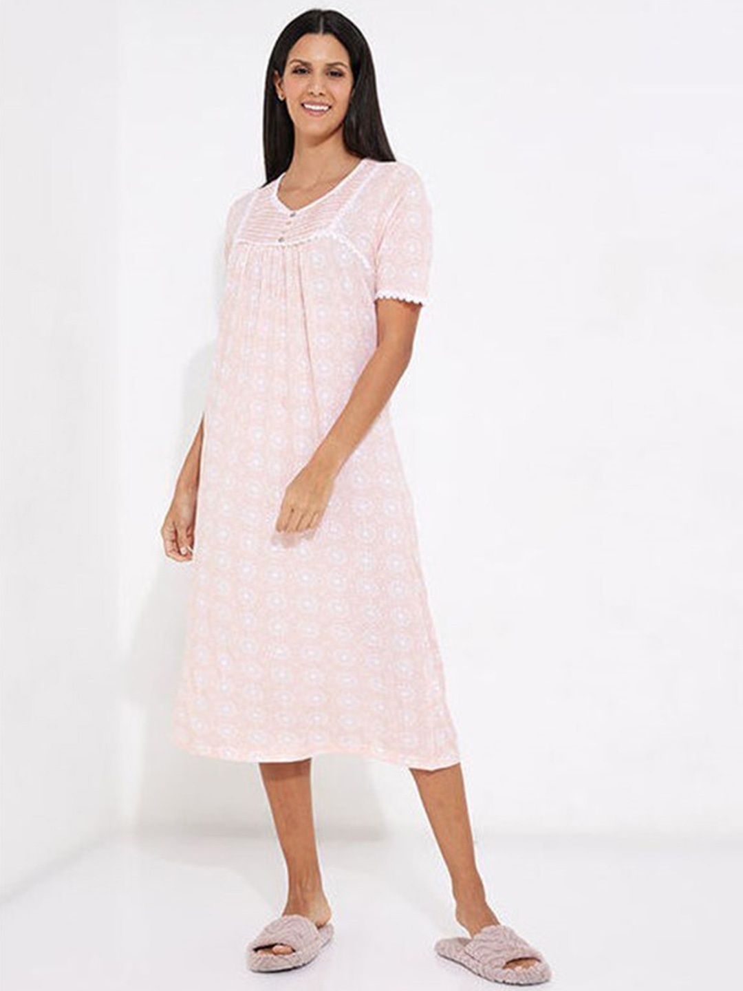 

Aila Floral Printed Midi Nightdress, Pink