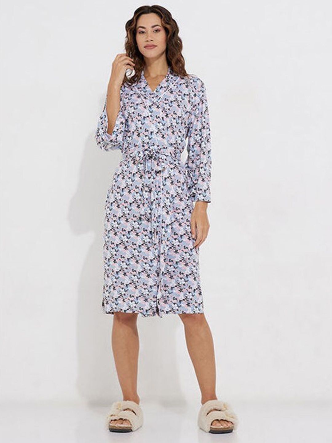 

Aila Floral Printed Wrap Nightdress, Blue