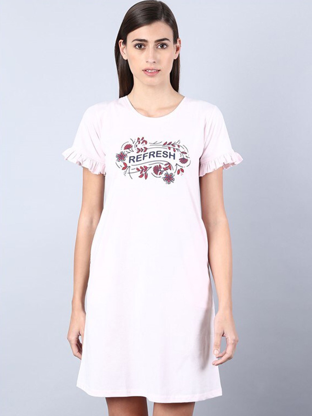 

Aila Typography Printed Round Neck T-shirt Nightdress, Pink