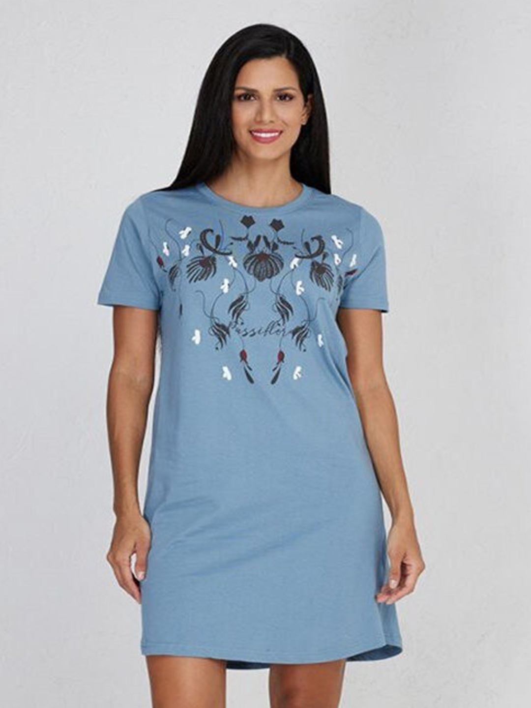 

Aila Graphic Printed Round Neck T-shirt Nightdress, Blue