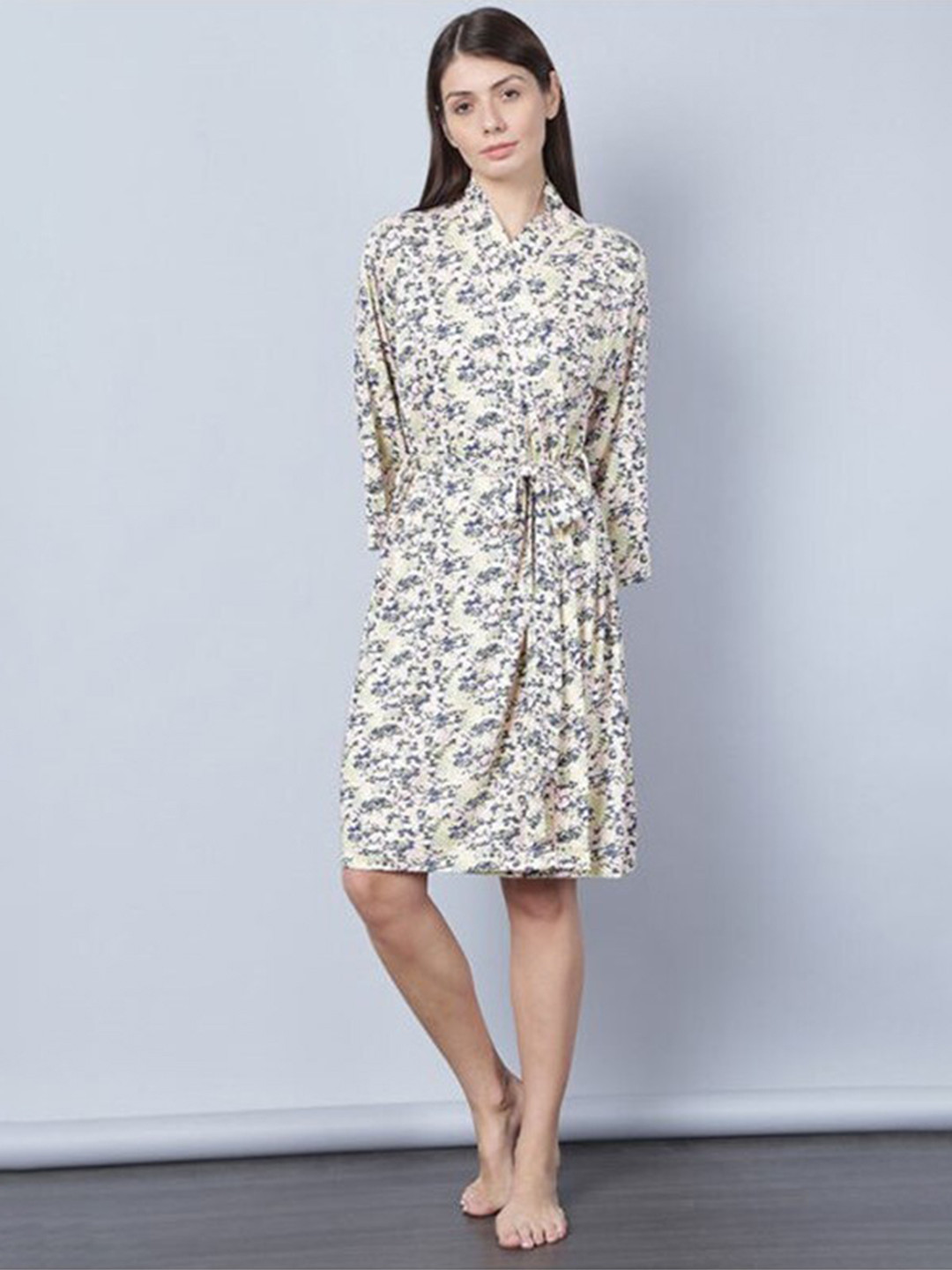 

Aila Floral Printed V-Neck Wrap Nightdress, White