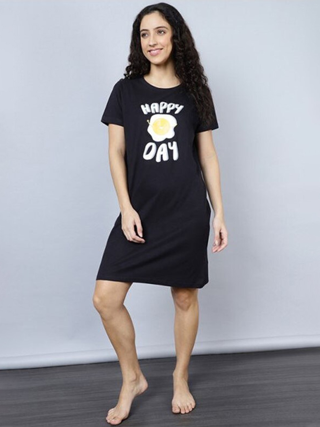 

Aila Printed T-shirt Nightdress, Black