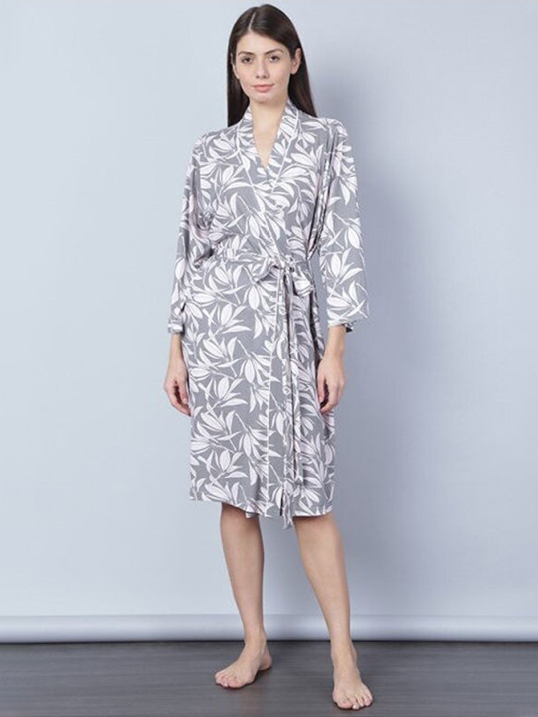 

Aila Floral Printed Midi Wrap Nightdress, Grey