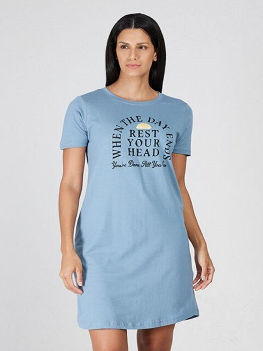 

Aila Typography Printed Everyday T-shirt Nightdress, Blue