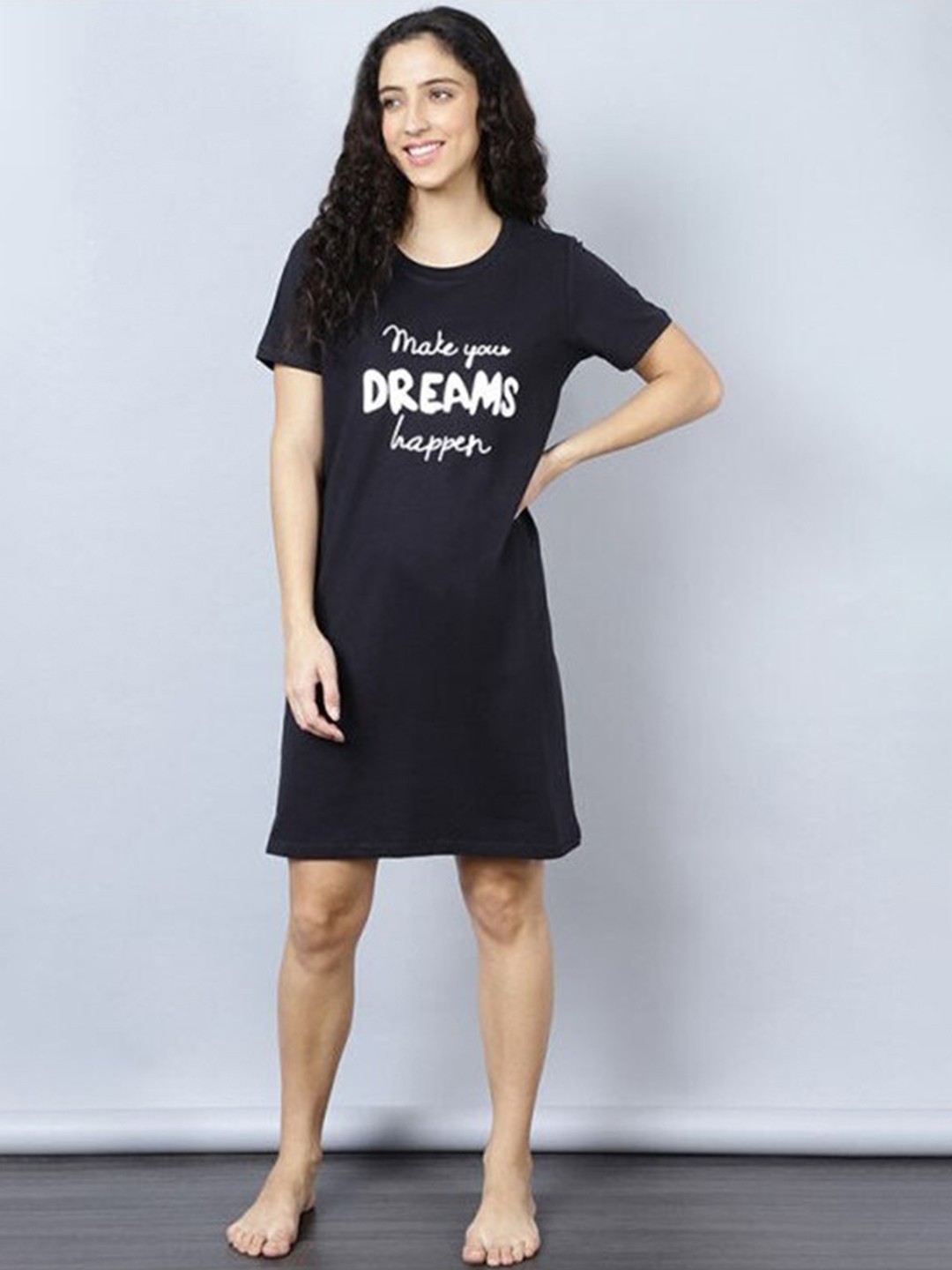 

Aila Typography Printed T-shirt Nightdress, Black