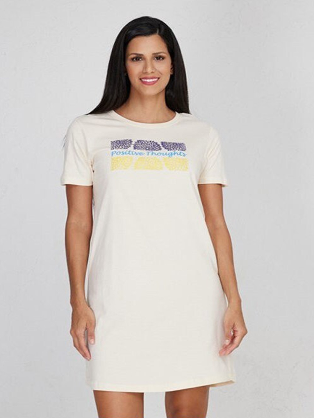 

Aila Typography Printed T-shirt Nightdress, Off white