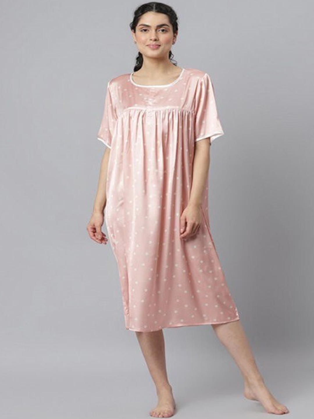 

Aila Polka Dots Printed Midi Nightdress, Pink