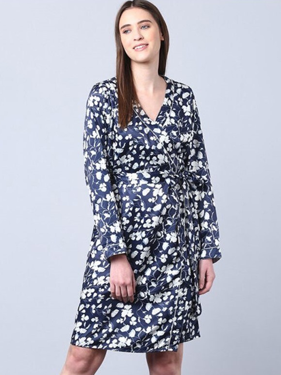 

Aila Floral Printed Wrap Nightdress, Blue