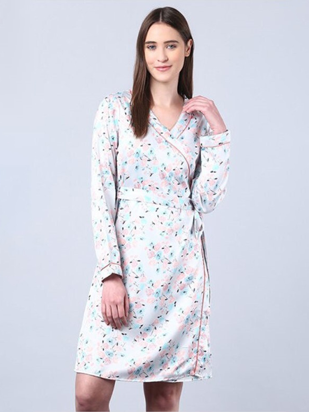 

Aila Floral Printed Long Sleeves Wrap Nightdress, Blue