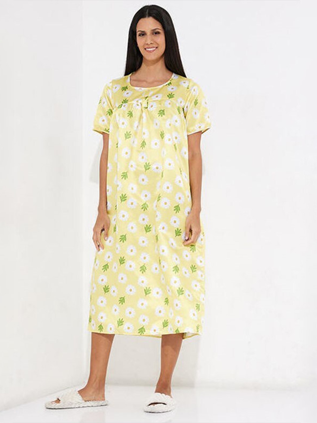 

Aila Floral Printed Midi Nightdress, Yellow