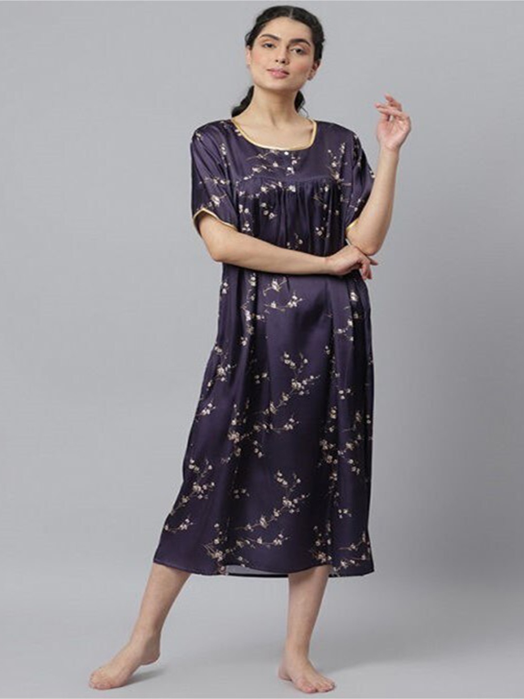 

Aila Floral Printed Midi Nightdress, Purple