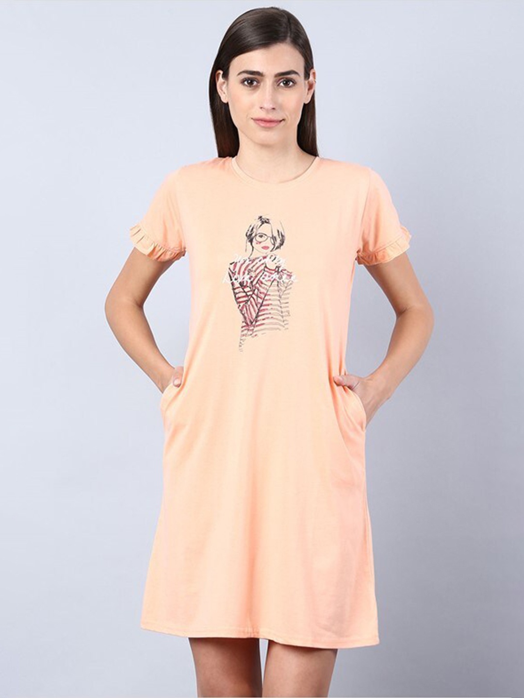 

Aila Graphic Printed T-shirt Nightdress, Peach