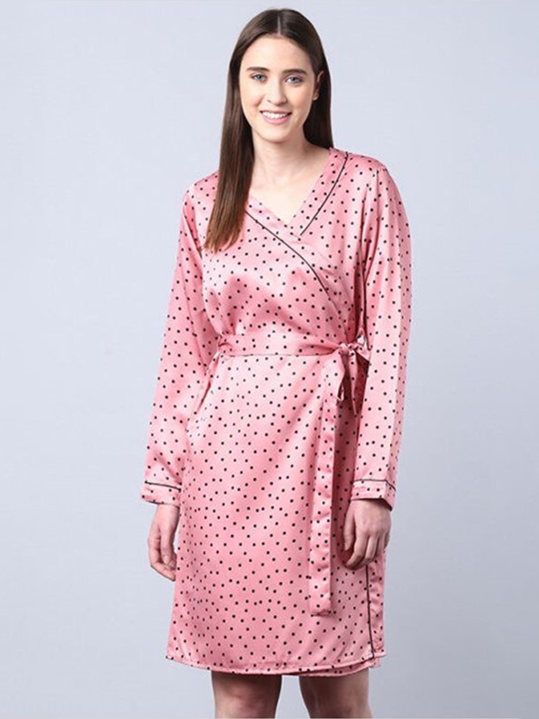 

Aila Polka Dots Printed Wrap Nightdress, Pink