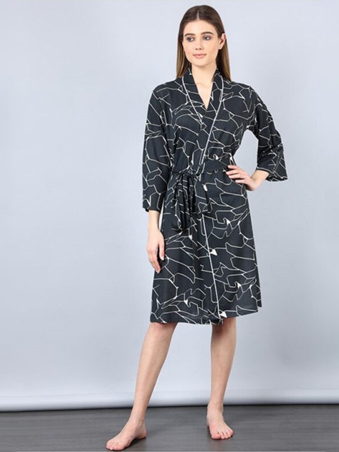 

Aila Geometric Printed V-Neck Wrap Nightdress, Black