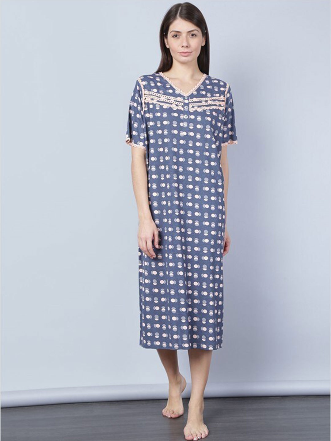 

Aila Polka Dots Printed Nightdress, Blue